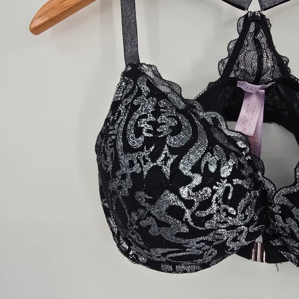 Savage X Fenty Black Silver Metallic Lace Front Close Push Up Bra 38D Racerback